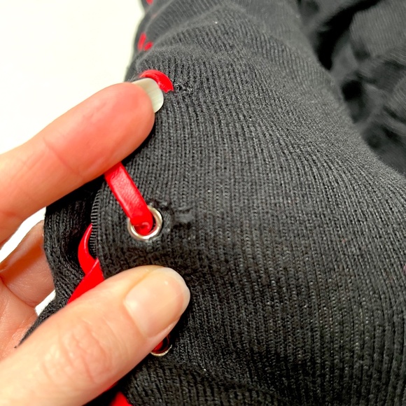 Red Corset Thigh Highs Black Lace Up Leg Warmers Over the Knee Socks Leggings OS - Picture 10 of 13